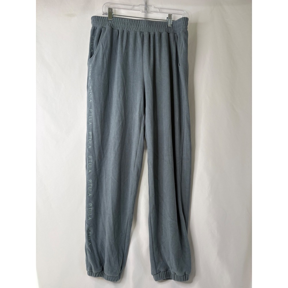 Ptula Womens XXL High Waisted Fleece Joggers‎ Blue Grey Relaxed Sweatpants Logo
